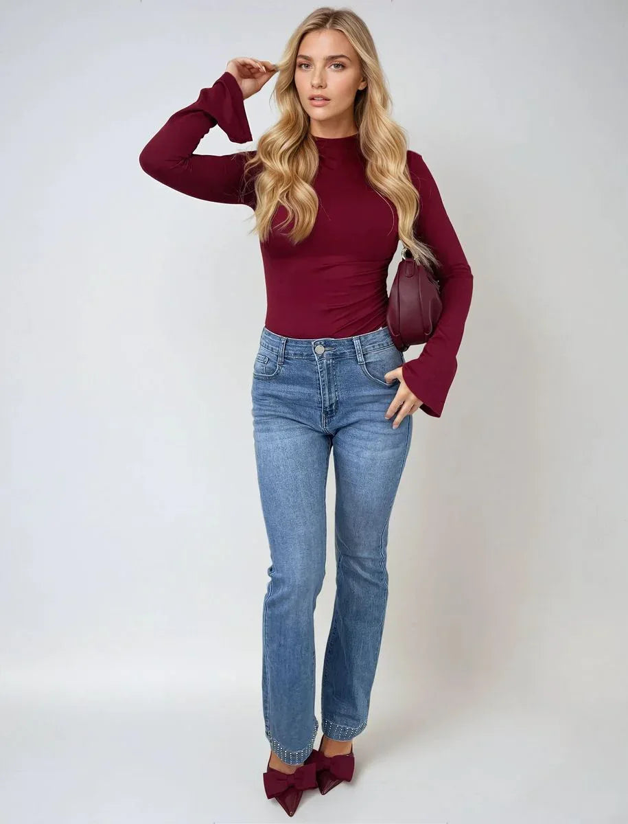 Rhinestone Hem High Waist Flare Jeans - Retro Sparkle - Shello's Creative Boutique