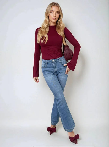 Rhinestone Hem High Waist Flare Jeans - Retro Sparkle - Shello's Creative Boutique