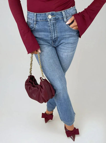 Rhinestone Hem High Waist Flare Jeans - Retro Sparkle - Shello's Creative Boutique