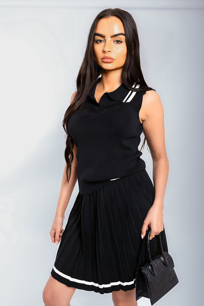 Sleeveless Collared Top & Pleated Mini Skirt Co-ord Set Moda