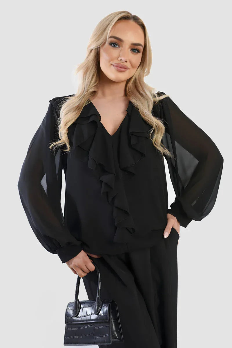 Ruffle Trim Front Long Sleeve Top - Shello's Creative Boutique
