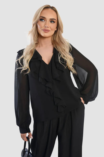 Ruffle Trim Front Long Sleeve Top - Shello's Creative Boutique