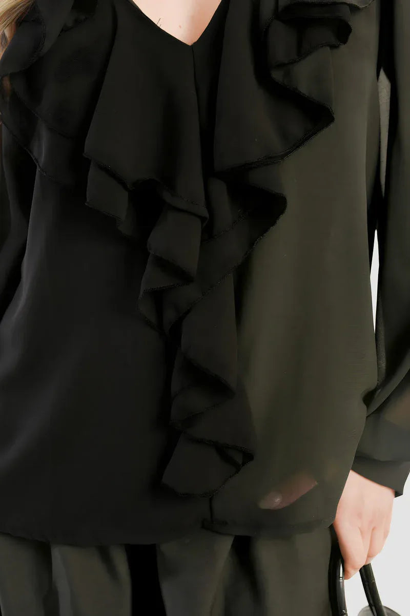Ruffle Trim Front Long Sleeve Top - Shello's Creative Boutique