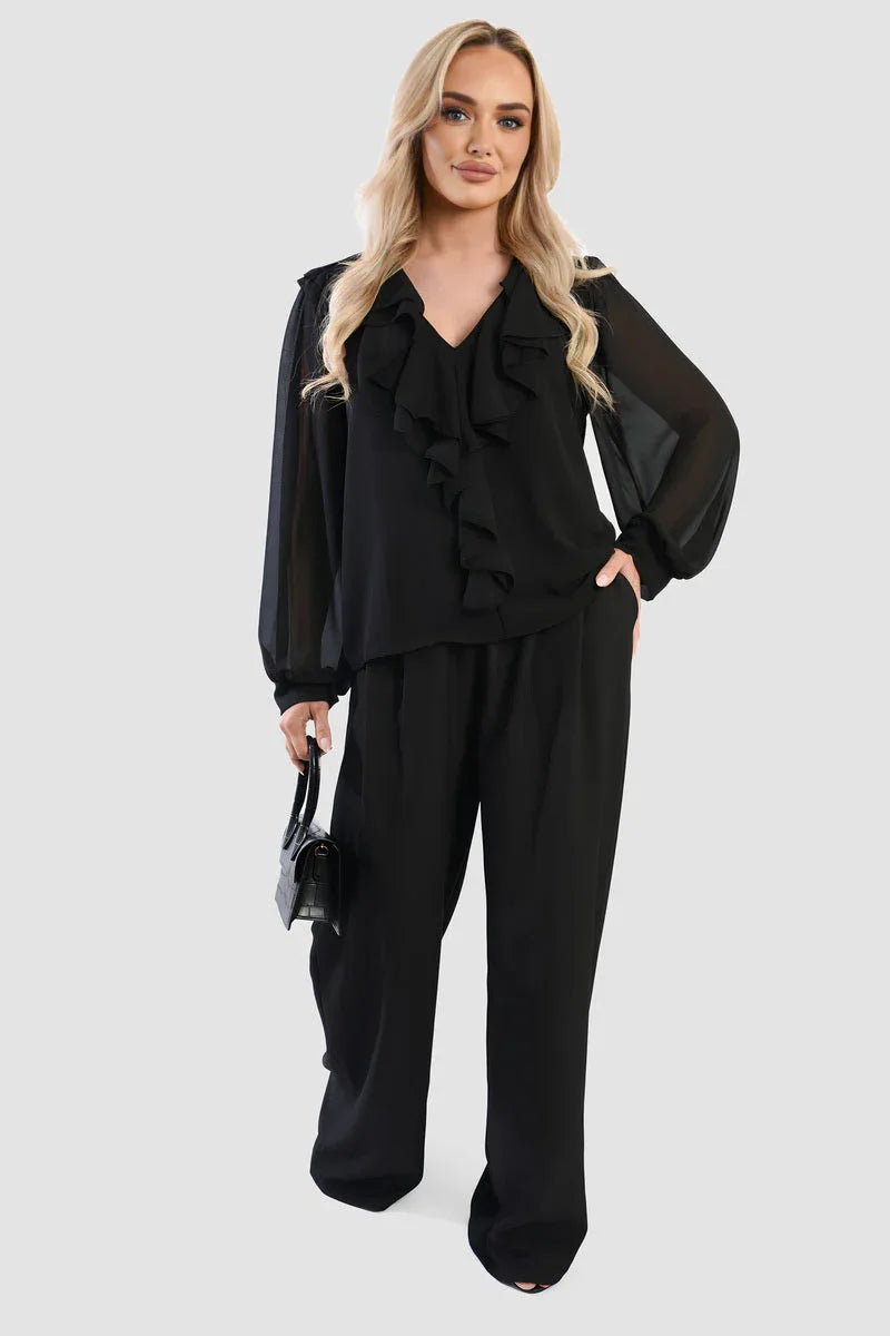 Ruffle Trim Front Long Sleeve Top - Shello's Creative Boutique