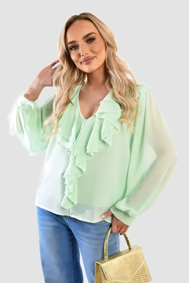 Ruffle Trim Front Long Sleeve Top - Shello's Creative Boutique
