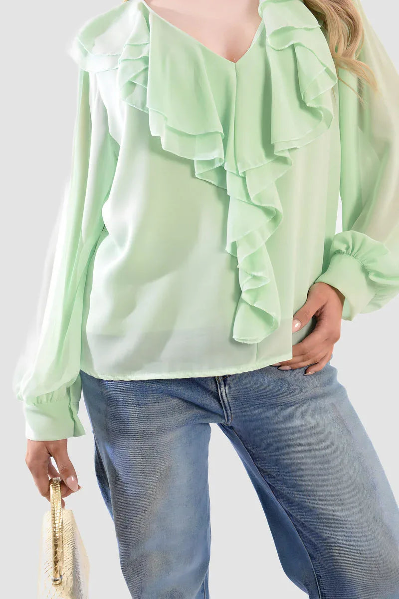 Ruffle Trim Front Long Sleeve Top - Shello's Creative Boutique
