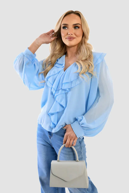Ruffle Trim Front Long Sleeve Top - Shello's Creative Boutique
