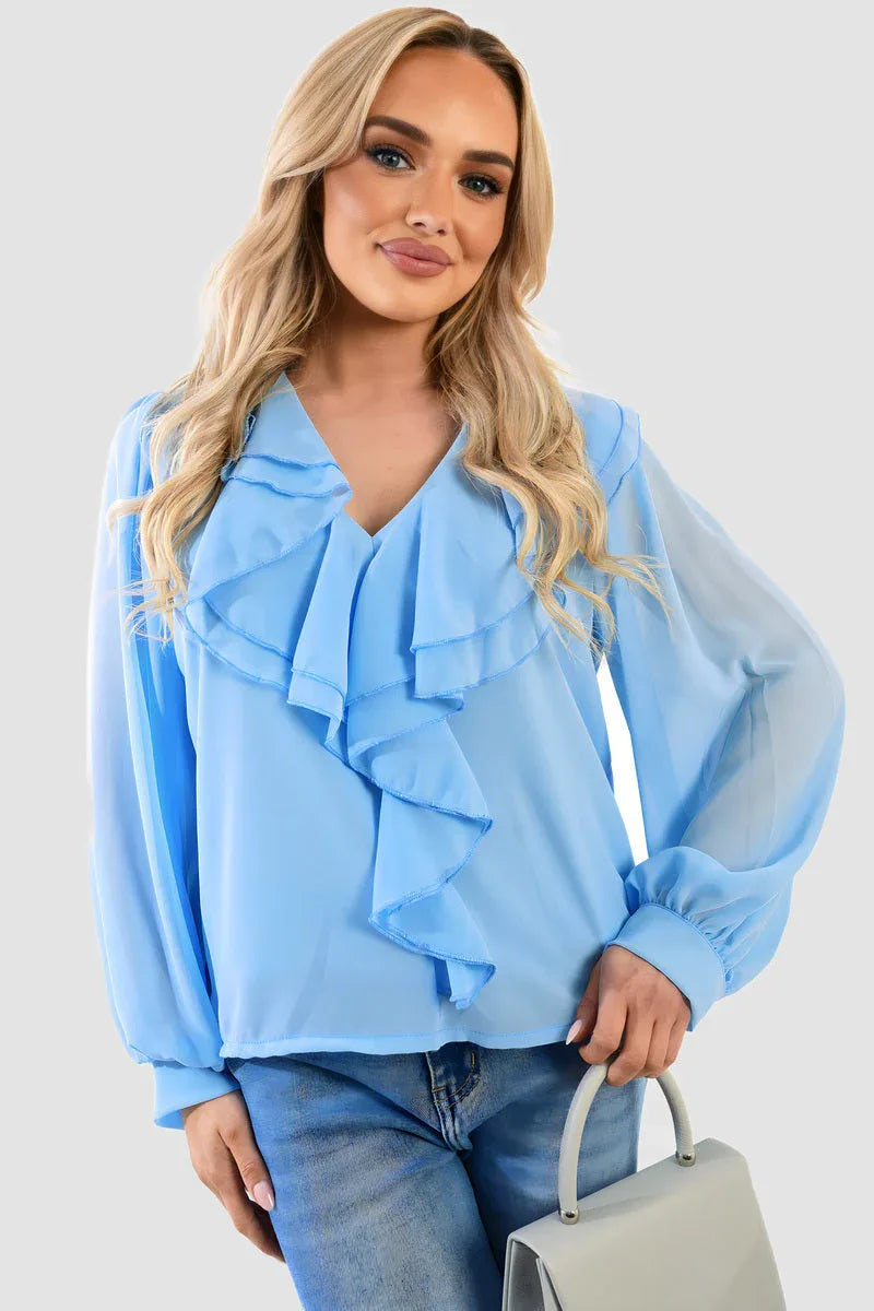 Ruffle Trim Front Long Sleeve Top - Shello's Creative Boutique