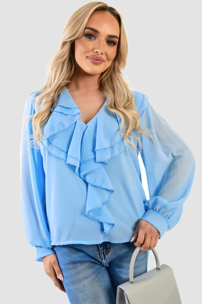 Ruffle Trim Front Long Sleeve Top - Shello's Creative Boutique