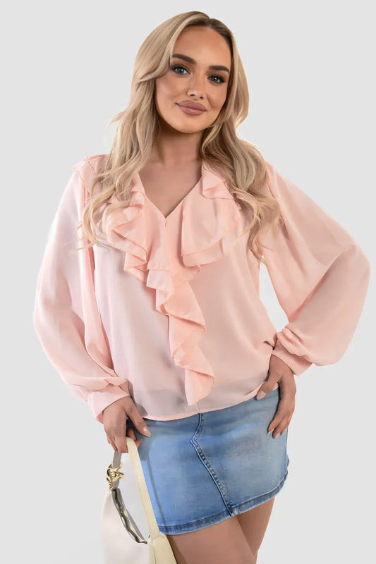 Ruffle Trim Front Long Sleeve Top - Shello's Creative Boutique