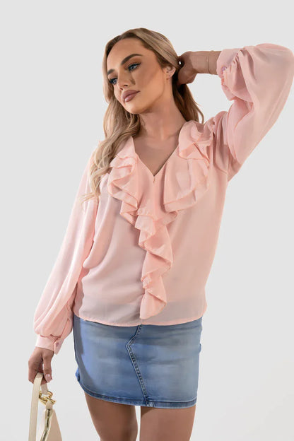 Ruffle Trim Front Long Sleeve Top - Shello's Creative Boutique