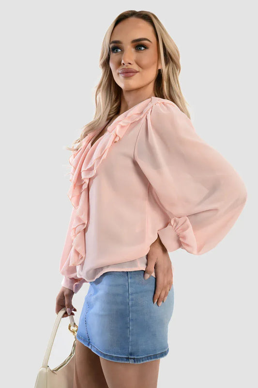 Ruffle Trim Front Long Sleeve Top - Shello's Creative Boutique