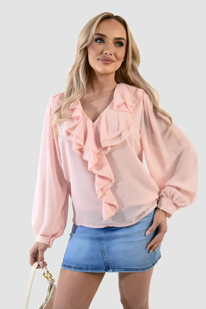 Ruffle Trim Front Long Sleeve Top - Shello's Creative Boutique