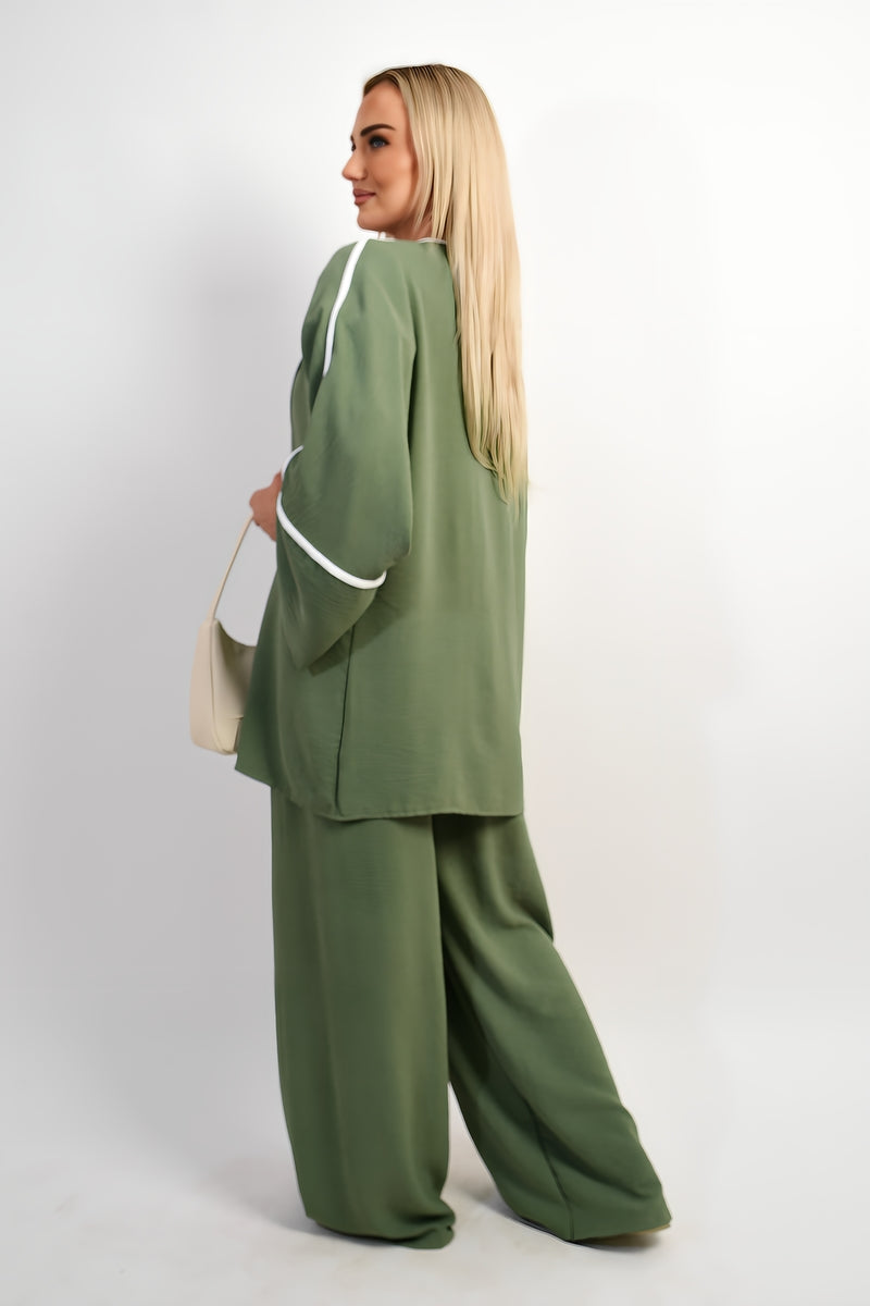Contrast Trim Oversized Cardigan & Wide Leg Co-ord Set Moda