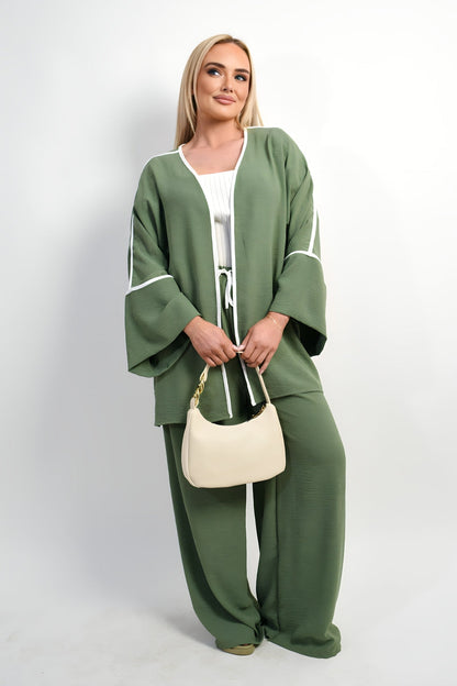 Contrast Trim Oversized Cardigan & Wide Leg Co-ord Set Moda