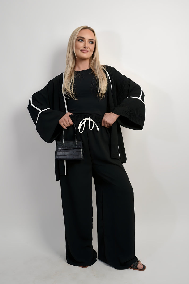Contrast Trim Oversized Cardigan & Wide Leg Co-ord Set Moda