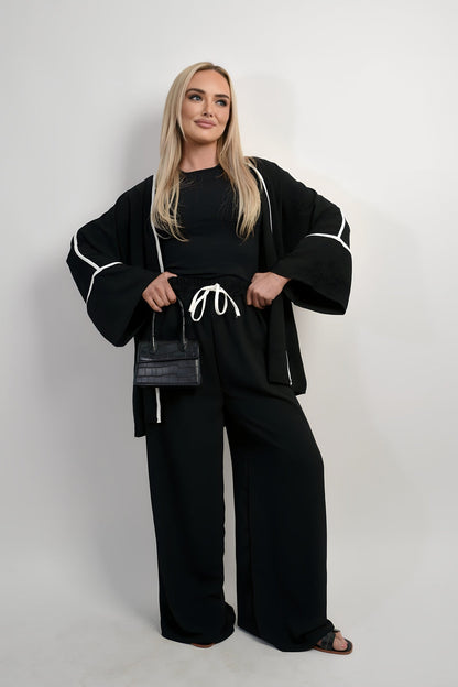 Contrast Trim Oversized Cardigan & Wide Leg Co-ord Set Moda