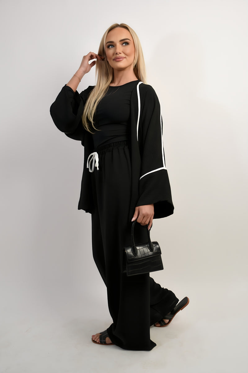 Contrast Trim Oversized Cardigan & Wide Leg Co-ord Set Moda