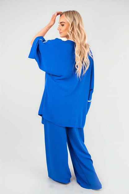 Contrast Trim Oversized Cardigan & Wide Leg Co-ord Set Moda