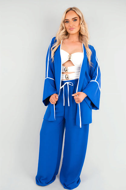 Contrast Trim Oversized Cardigan & Wide Leg Co-ord Set Moda