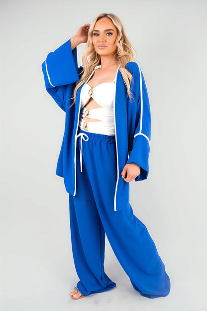 Contrast Trim Oversized Cardigan & Wide Leg Co-ord Set Moda