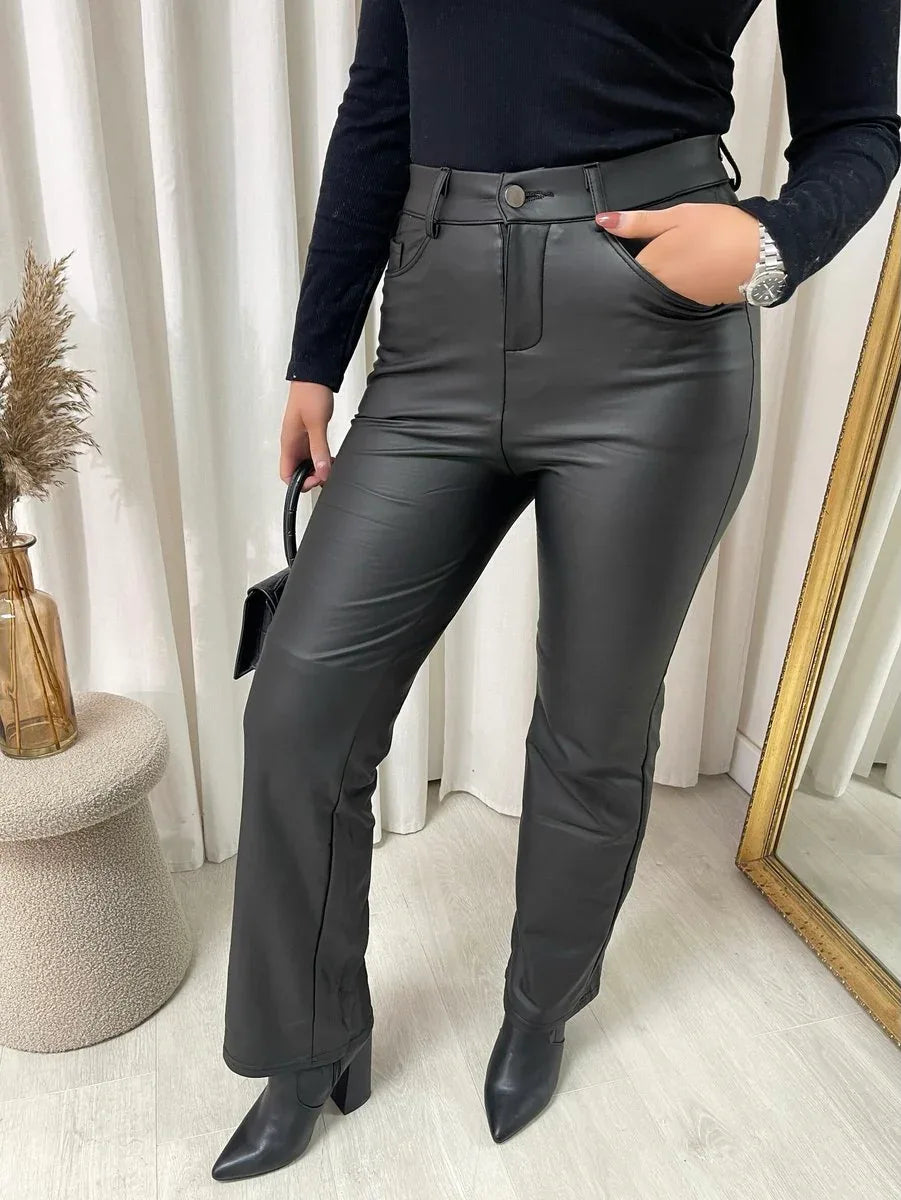 High Waisted Faux Leather Trousers - Sleek & Versatile - Shello's Creative Boutique