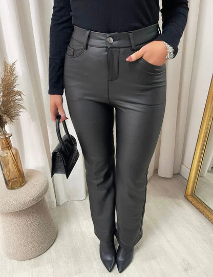 High Waisted Faux Leather Trousers - Sleek & Versatile - Shello's Creative Boutique