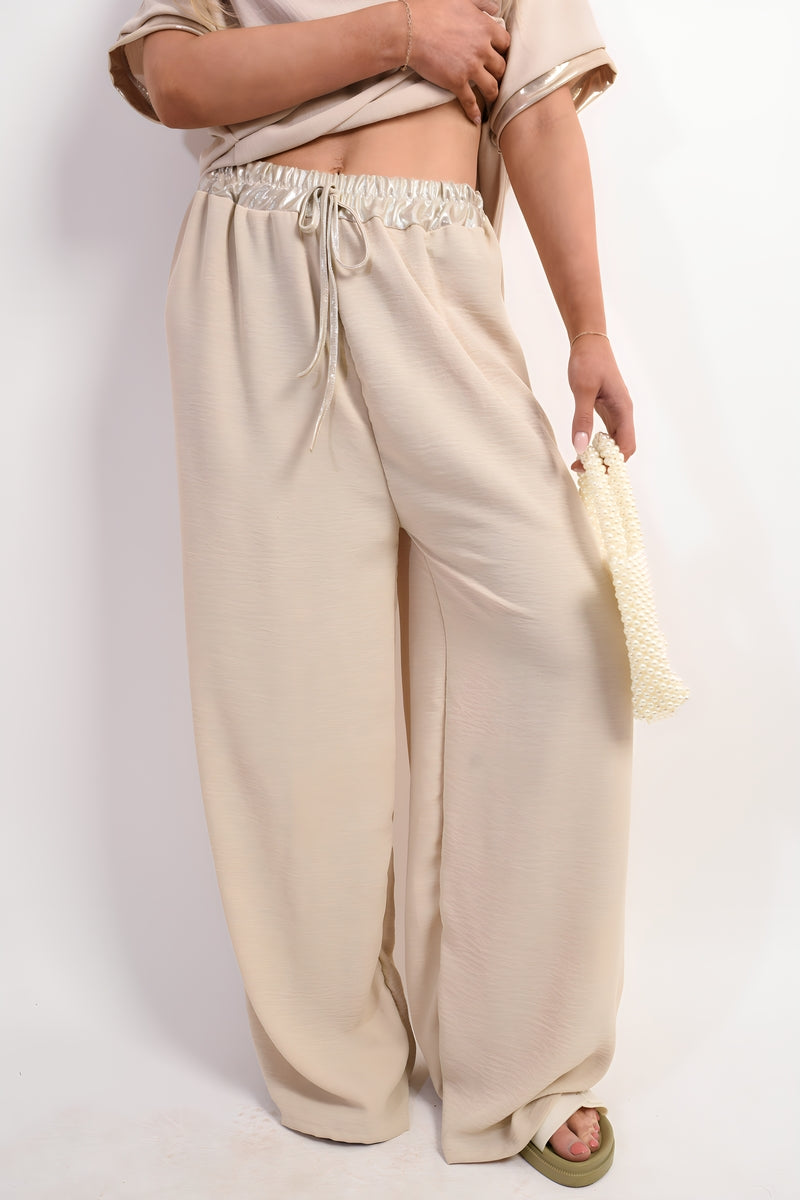 Drawstring Shiny Waist Wide Leg Trouser Moda
