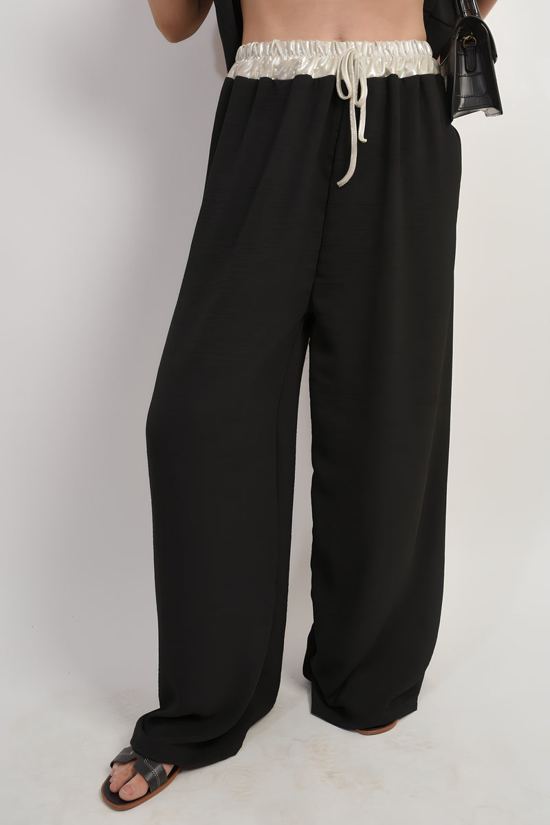 Drawstring Shiny Waist Wide Leg Trouser Moda