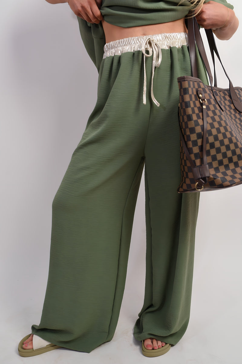 Drawstring Shiny Waist Wide Leg Trouser Moda