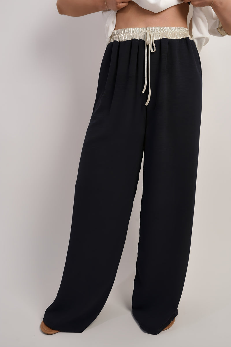Drawstring Shiny Waist Wide Leg Trouser Moda