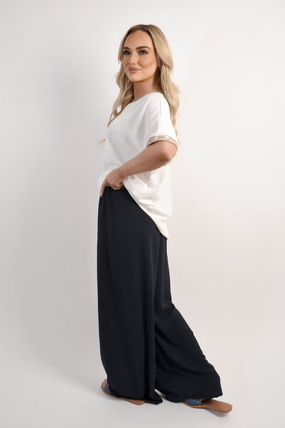 Drawstring Shiny Waist Wide Leg Trouser Moda