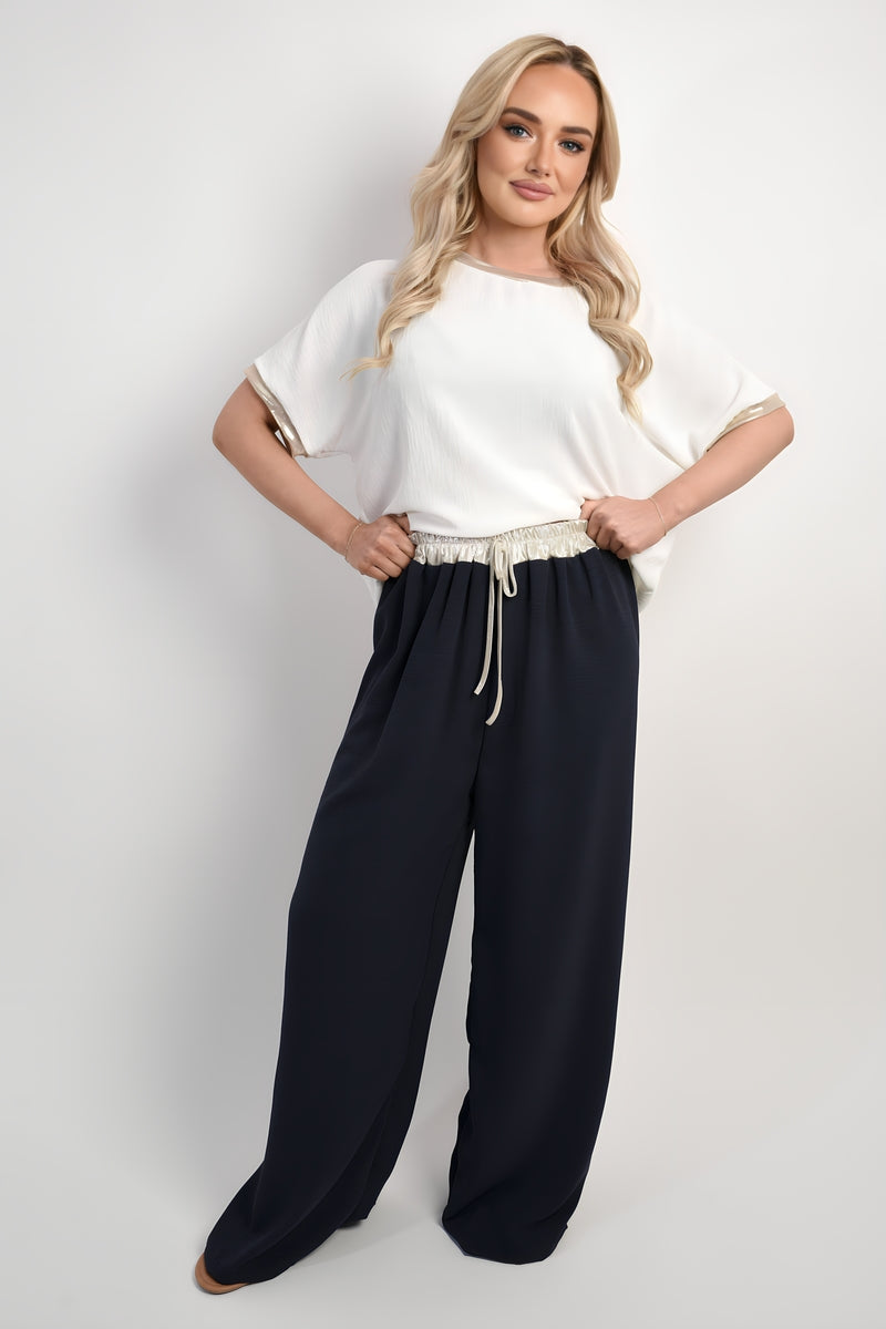 Drawstring Shiny Waist Wide Leg Trouser Moda