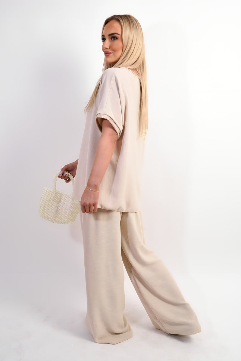 Drawstring Shiny Waist Wide Leg Trouser Moda