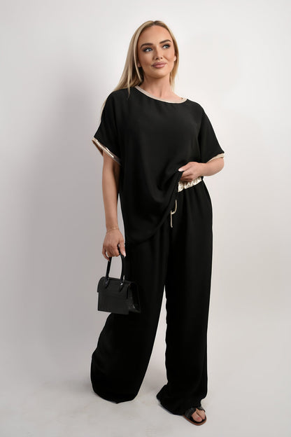Drawstring Shiny Waist Wide Leg Trouser Moda