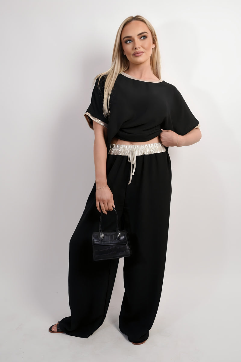 Drawstring Shiny Waist Wide Leg Trouser Moda