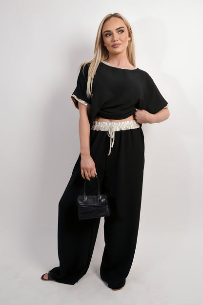 Drawstring Shiny Waist Wide Leg Trouser Moda
