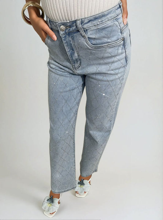 Diamond Pattern Embellished High Waisted Jeans Moda
