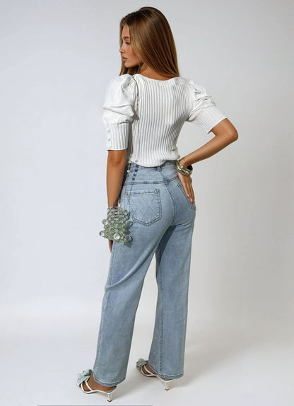 Diamond Pattern Embellished High Waisted Jeans Moda