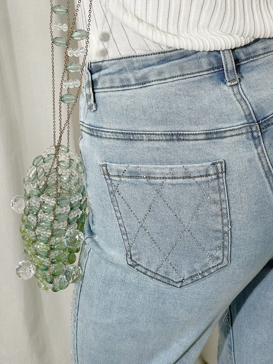 Diamond Pattern Embellished High Waisted Jeans Moda