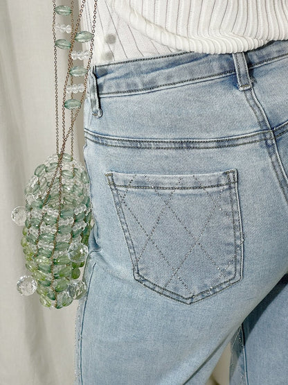 Diamond Pattern Embellished High Waisted Jeans Moda