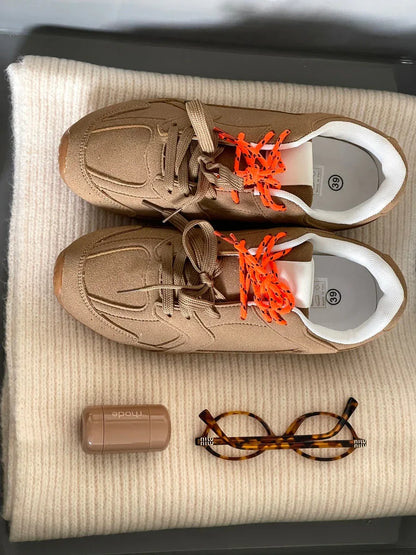 Double Contrast Lace Up Flat Trainers - Casual Everyday Sneakers - Shello's Creative Boutique