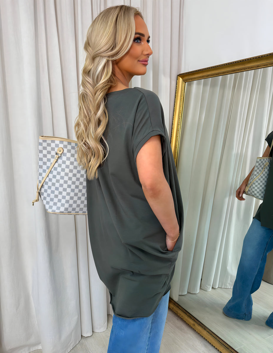 Round Neck with Side Pockets Oversized Top Moda