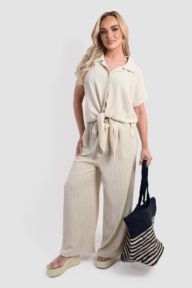 Striped Button Down Tie Front Top and Trouser Co-ord Set Moda