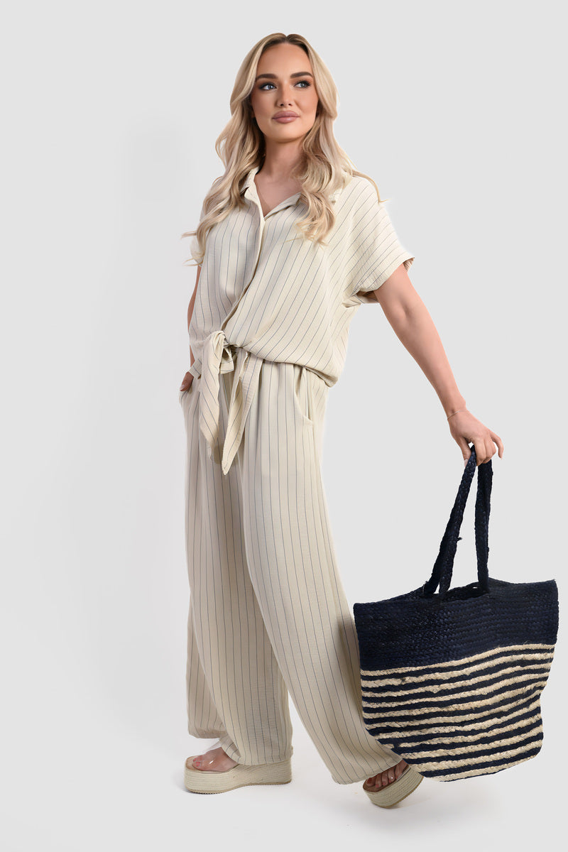 Striped Button Down Tie Front Top and Trouser Co-ord Set Moda