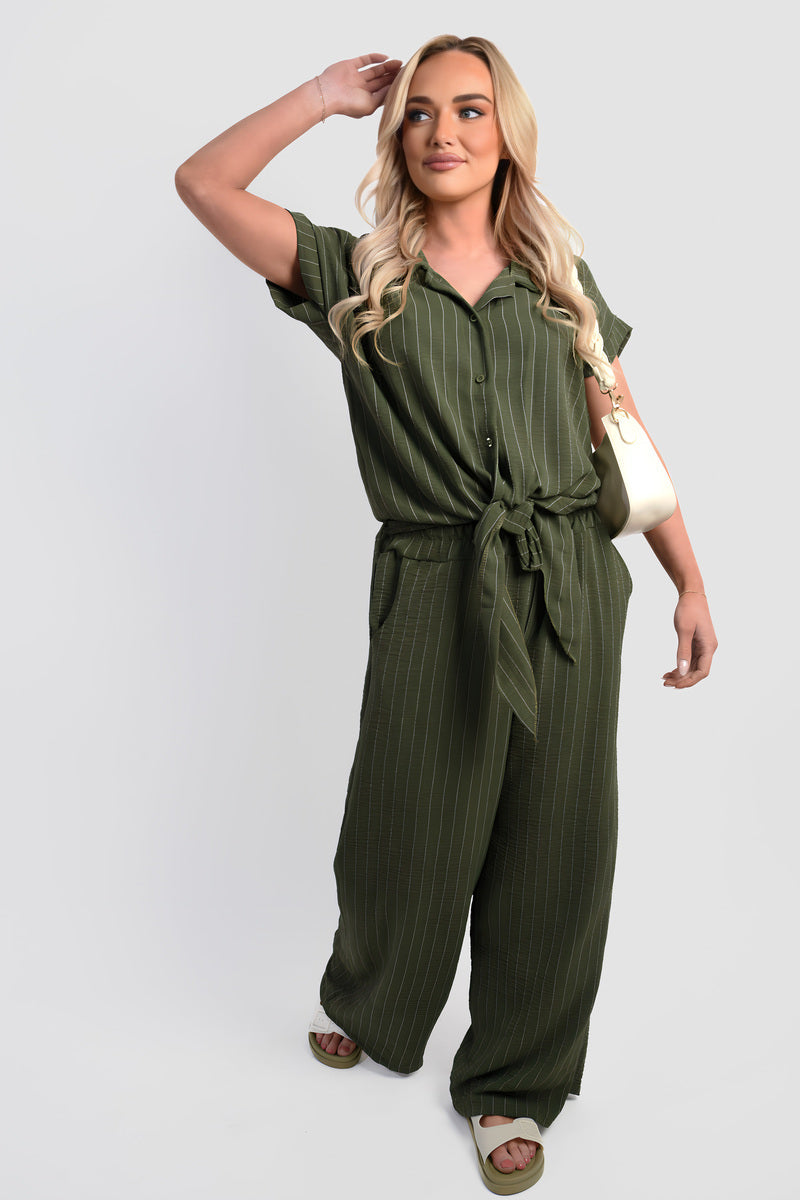 Striped Button Down Tie Front Top and Trouser Co-ord Set Moda