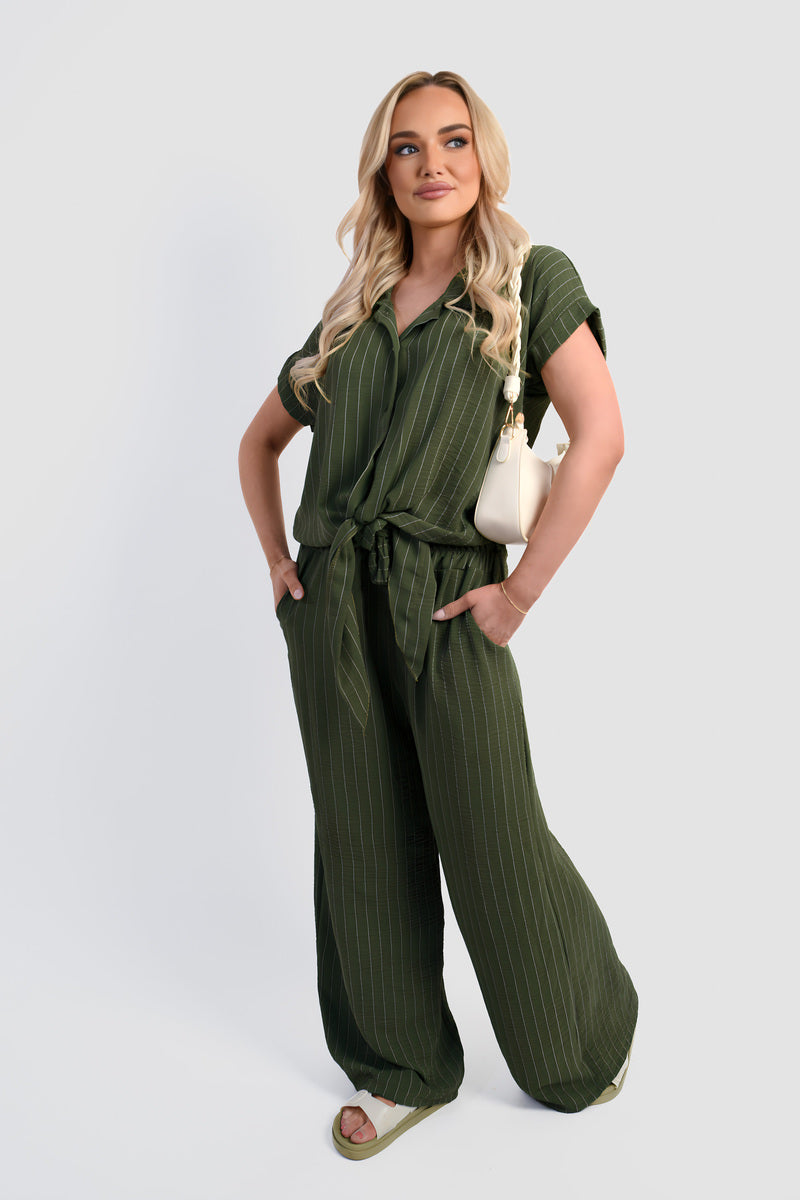 Striped Button Down Tie Front Top and Trouser Co-ord Set Moda
