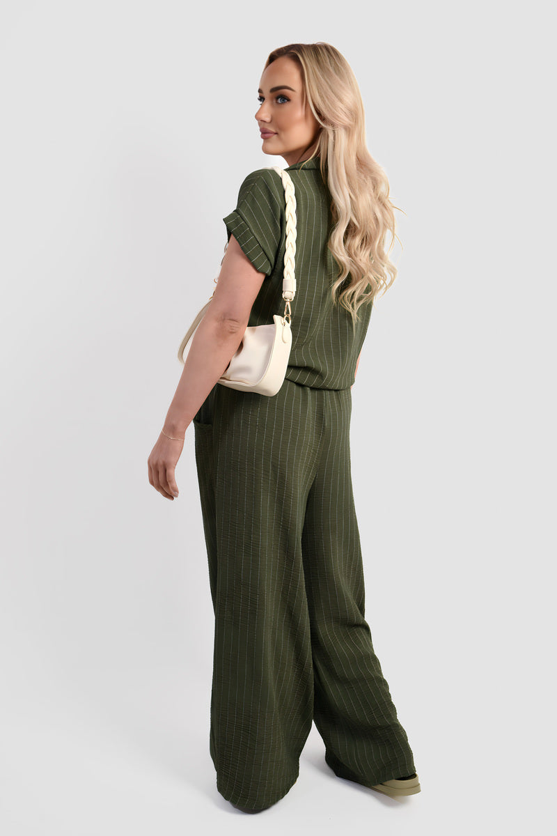 Striped Button Down Tie Front Top and Trouser Co-ord Set Moda