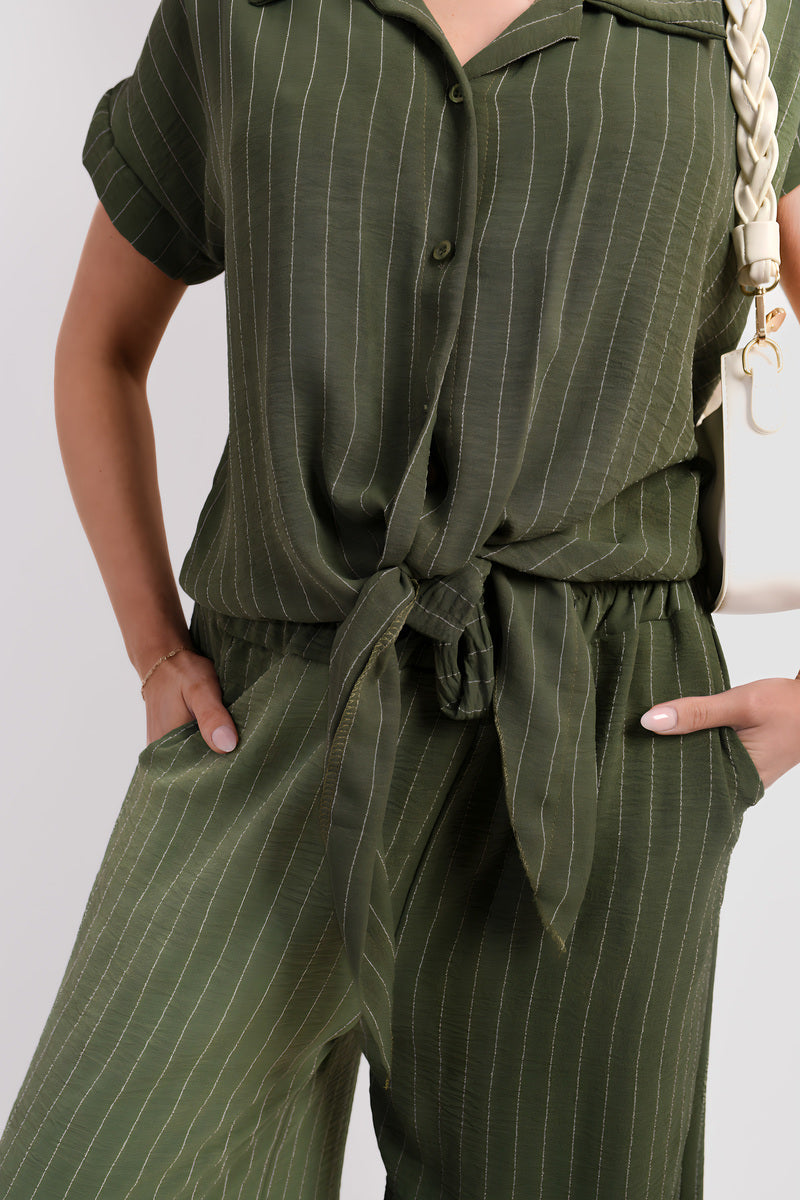 Striped Button Down Tie Front Top and Trouser Co-ord Set Moda