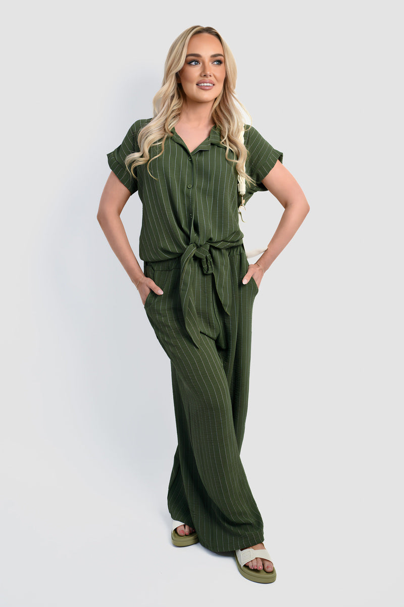 Striped Button Down Tie Front Top and Trouser Co-ord Set Moda